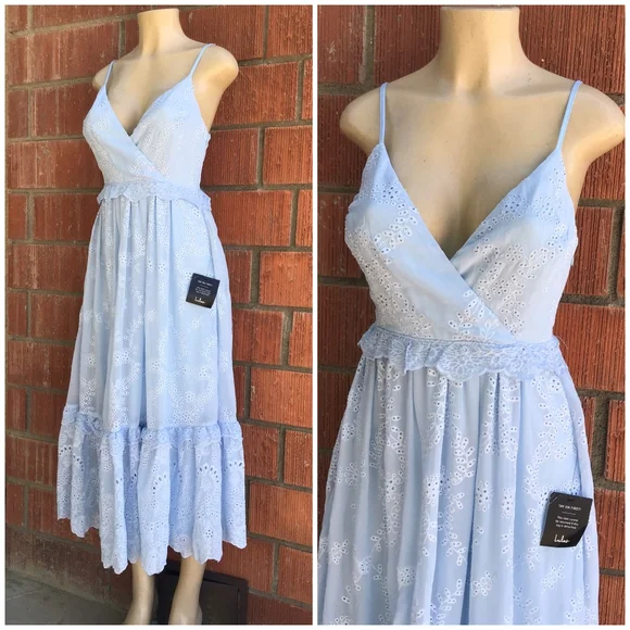 LAST ONE❗Lulu's Vintage Feminine Chic Powder Blue Embroidered Eyelet Midi Dress - Picture 1 of 10